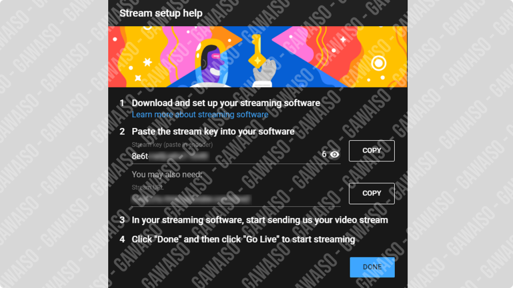 copy stream key dari youtube studio